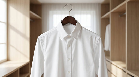 A neatly pressed, crisp white button-down shirt hanging on a premium wooden hanger in a bright, modern minimalist wardrobe. S