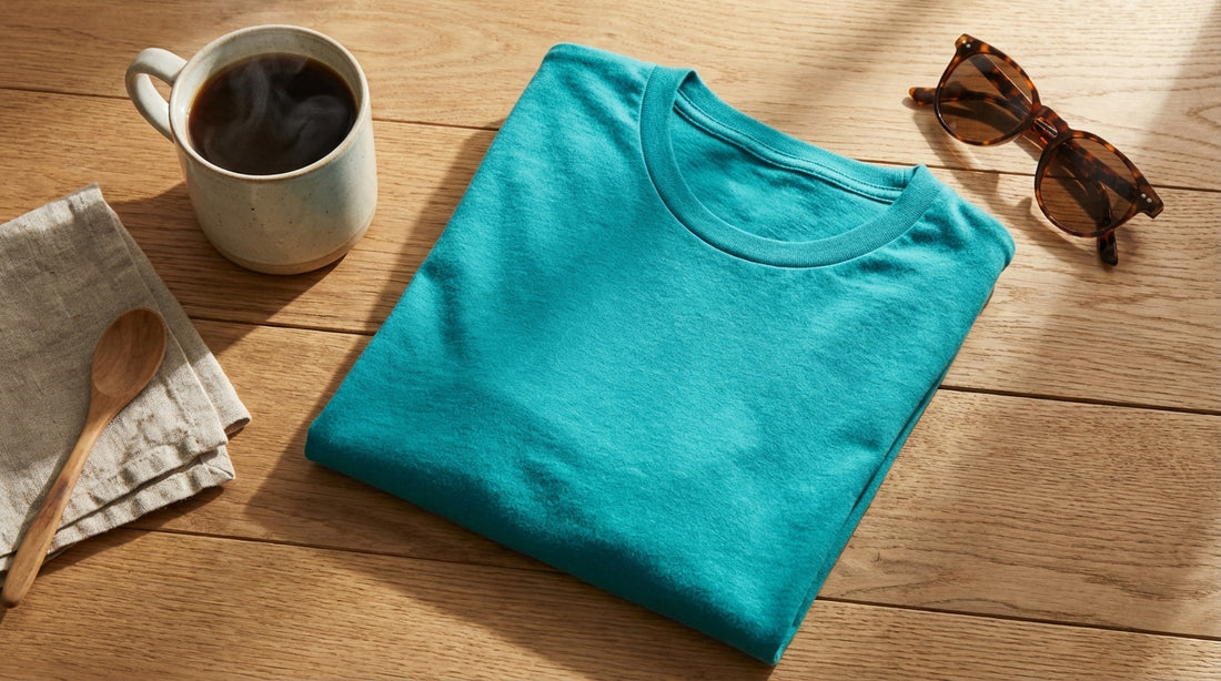 A flat lay photograph of a folded, vibrant teal cotton t-shirt resting on a rustic wooden table next to a warm cup of coffee 