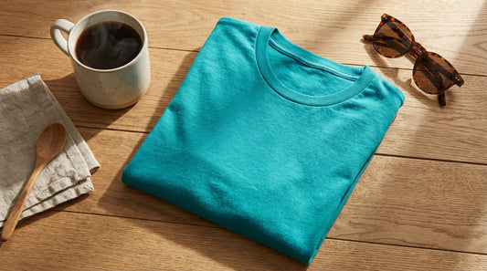 A flat lay photograph of a folded, vibrant teal cotton t-shirt resting on a rustic wooden table next to a warm cup of coffee 