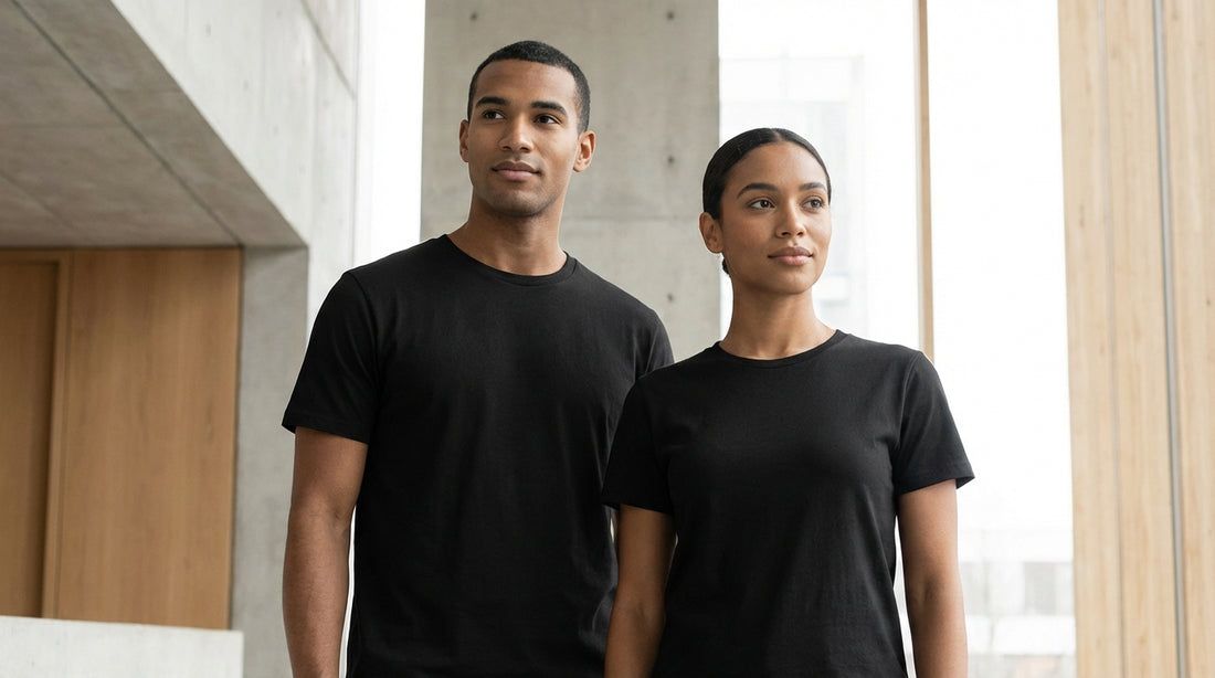 A men and women wearing black plain shirts