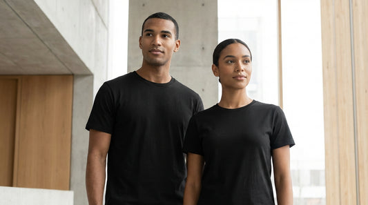 A men and women wearing black plain shirts