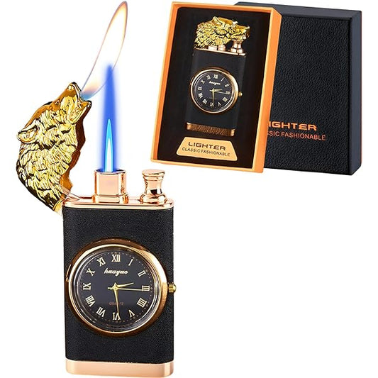 Refillable butane lighter with a built-in quartz watch and a dragon-embossed design.