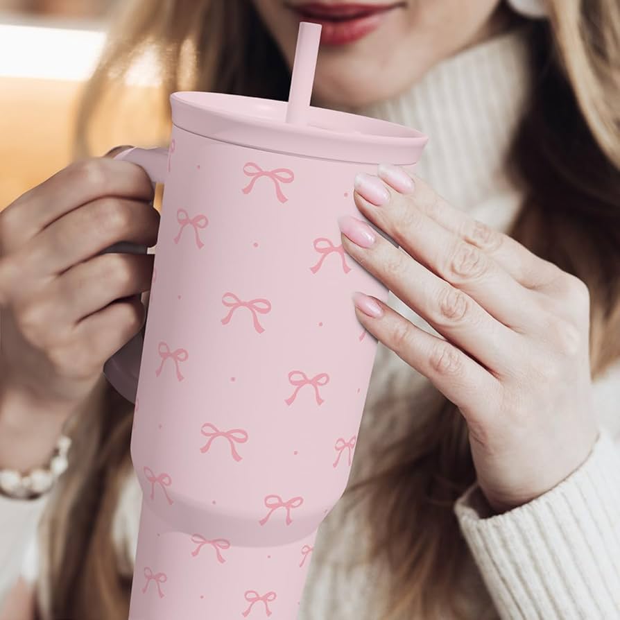 Bow Tumbler with Handle 40oz, Stainless Steel Insulated Tumblers Coffee Travel Cup with Slider Straw Lid, Gifts for Women Teen Girls Birthday